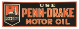 USE PENN DRAKE MOTOR OIL EMBOSSED TIN SIGN W/ OIL WELL GRAPHIC.