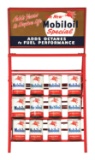 THE NEW MOBILOIL SPECIAL TIN SERVICE STATION DISPLAY RACK W/ SIGN & QUART CANS.
