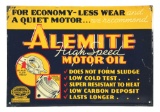 ALEMITE HIGH SPEED MOTOR OIL EMBOSSED TIN SIGN W/ PISTON GRAPHIC.