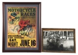 LOT OF 2: MOTORCYCLE RACES POSTER & PHOTO OF MOTORCYCLIST WITH SIDECAR.