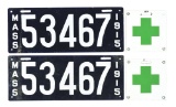 LOT OF 4: MASSACHUSETTS 1915 MATCHING PAIR OF PORCELAIN LICENSE PLATES W/ TWO PORCELAIN MEDICAL ATTA