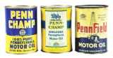 LOT OF 3: ONE QUART CANS FROM PENN CHAMP & PENNFIELD MOTOR OILS.