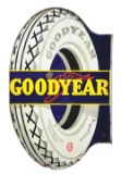 GOODYEAR TIRES PORCELAIN SERVICE STATION FLANGE SIGN W/ TIRE GRAPHIC.
