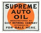 GULF SUPREME AUTO OIL FOR SALE HERE PORCELAIN SERVICE STATION FLANGE SIGN.