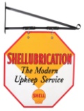 RARE SHELLUBRICATION PORCELAIN SERVICE STATION SIGN W/ METAL HANGING BRACKET.