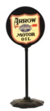 RARE ARROW MOTOR OIL PORCELAIN CURB SIGN MOUNTED IN LOLLIPOP RING & BASE.