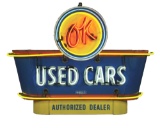 OUTSTANDING OK USED CARS PORCELAIN NEON DEALERSHIP SIGN W/ ORIGINAL BULLNOSE ATTACHMENTS.
