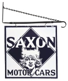 RARE SAXON MOTOR CARS PORCELAIN DEALERSHIP SIGN W/ METAL HANGING BRACKET.