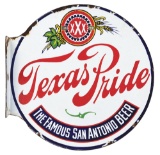 RARE TEXAS PRIDE THE FAMOUS SAN ANTONIO BEER PORCELAIN FLANGE SIGN.