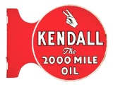 KENDALL THE 2000 MILE MOTOR OIL TIN FLANGE SIGN W/ HAND GRAPHIC.
