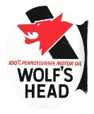 WOLF'S HEAD MOTOR OIL TIN SERVICE STATION FLANGE SIGN W/ WOLF GRAPHIC.