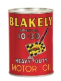 BLAKELY HEAVY DUTY MOTOR OIL ONE QUART CAN W/ RACE CAR GRAPHIC.