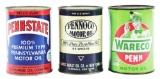 LOT OF 3: ONE QUART CANS FROM WARECO, PENN STATE & PENNOCO MOTOR OILS.