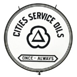 CITIES SERVICE ONCE ALWAYS MOTOR OILS PORCELAIN SIGN W/ ORIGINAL METAL RING.
