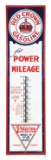 RED CROWN GASOLINE & POLARINE MOTOR OIL PORCELAIN SERVICE STATION THERMOMETER W/ WOOD FRAME.