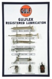 GULF GULFLEX REGISTERED LUBRICATION EMBOSSED PORCELAIN GREASE GUN DISPLAY RACK.