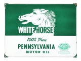 RARE WHITE HORSE MOTOR OIL PORCELAIN SIGN W/ HORSE GRAPHIC & SELF FRAMED EDGE.