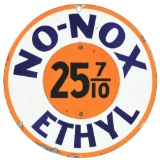 GULF NO-NOX ETHYL PORCELAIN PUMP SIGN W/ TIN GASOLINE PRICER ATTACHMENT.