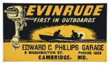 OUTSTANDING EVINRUDE OUTBOARD MOTORS EMBOSSED TIN DEALERSHIP SIGN W/ BOAT & MOTOR GRAPHIC.