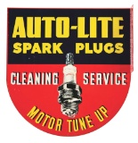 AUTO-LITE SPARK PLUGS CLEANING SERVICE TIN FLANGE SIGN W/ SPARK PLUG GRAPHIC.