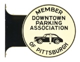 DOWNTOWN PARKING ASSOCIATION OF PITTSBURG TIN FLANGE SIGN W/ CAR GRAPHIC.