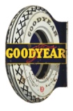 GOODYEAR TIRES PORCELAIN FLANGE SIGN W/ TIRE GRAPHIC.