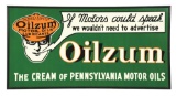 OILZUM MOTOR OILS & LUBRICANTS REPRODUCTION TIN BILLBOARD SIGN W/ WOOD FRAME.