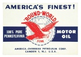 ROUND WORLD PENN AMERICA'S FINEST MOTOR OIL TIN SIGN W/ EAGLE GRAPHIC.