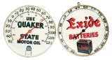 LOT OF 2: EXIDE BATTERIES & QUAKER STATE MOTOR OIL SERVICE STATION THERMOMETERS.