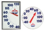 LOT OF 2: AMERICAN GASOLINE GLASS FACE SERVICE STATION THERMOMETERS.