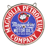 MAGNOLIA PETROLEUM & MAGNOLENE MOTOR OILS PORCELAIN CURB SIGN W/ ORIGINAL RING.