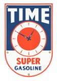 OUTSTANDING TIME SUPER GASOLINE PORCELAIN PUMP SIGN.