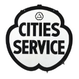 CITIES SERVICE GASOLINE DIE CUT PORCELAIN SERVICE STATION SIGN W/ ORIGINAL RING.