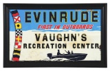 EVINRUDE OUTBOARD MOTORS EMBOSSED TIN SIGN W/ BOAT GRAPHIC & ADDED FRAME.