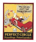 PERFECT CIRCLE PISTON RINGS EMBOSSED TIN SIGN W/ ADDED WOODEN FRAME.