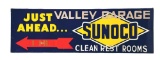 SUNOCO GASOLINE JUST AHEAD EMBOSSED TIN SERVICE STATION SIGN W/ ORIGINAL WOOD BACKING.