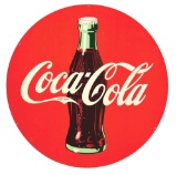 COCA COLA TIN SIGN W/ EARLY BOTTLE GRAPHIC.