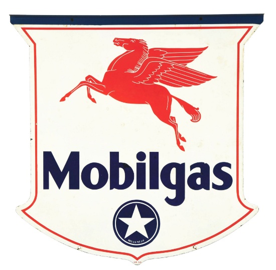 MOBILGAS PORCELAIN SHIELD SIGN WITH PEGASUS & WHITE STAR GRAPHIC.