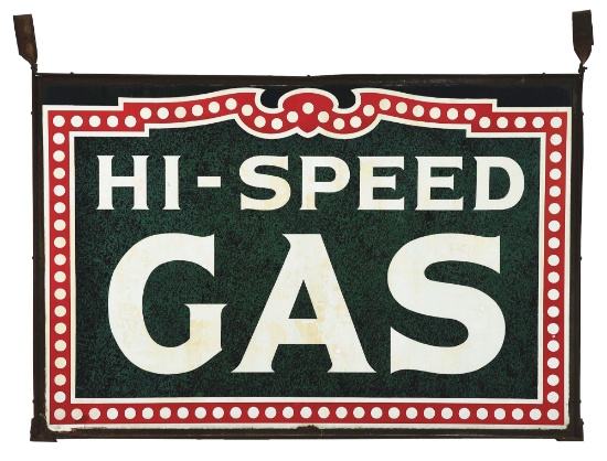 HI-SPEED GAS PORCELAIN SERVICE STATION SIGN W/ ORIGINAL METAL FRAME.