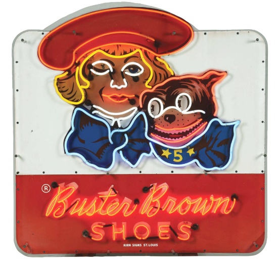 BUSTER BROWN SHOES TWO PIECE PORCELAIN NEON SIGN W/ BOY & DOG GRAPHIC.