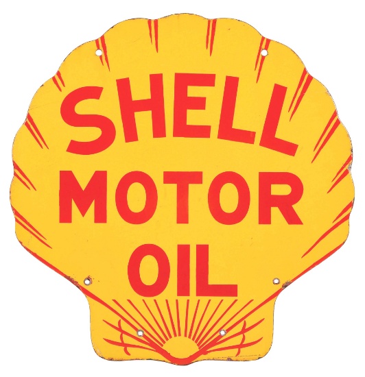 SHELL MOTOR OIL DIE CUT PORCELAIN SERVICE STATION SIGN.