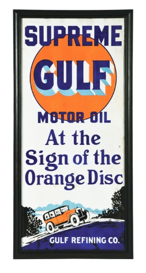 GULF SUPREME MOTOR OIL PORCELAIN LIGHTHOUSE SIGN W/ CAR GRAPHIC & WOOD FRAME.