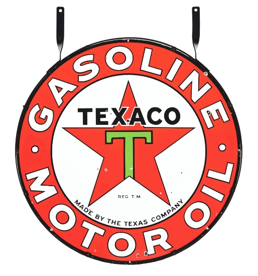 TEXACO GASOLINE & MOTOR OIL PORCELAIN SIGN W/ METAL RING.