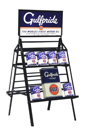 GULFPRIDE MOTOR OIL PORCELAIN SERVICE STATION QUART CAN DISPLAY RACK W/ CANS.