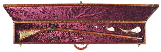 (A) FINE CASED CONTEMPORARY FLINTLOCK KENTUCKY RIFLE BY LOUIS SMITH.