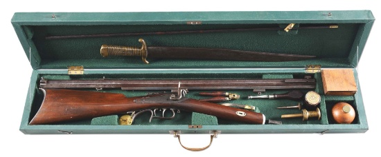 (A) CASED W. HUDSON PERCUSSION SNIPER RIFLE WITH BAHN FREI BAYONET, POSSIBLY TURNER USED.