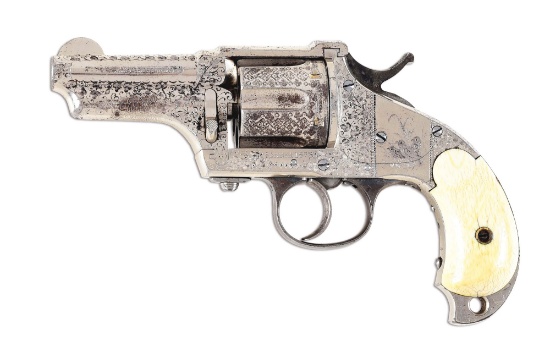 (A) NICKEL PLATED & FACTORY ENGRAVED MERWIN & HULBERT POCKET ARMY DOUBLE ACTION REVOLVER WITH IVORY