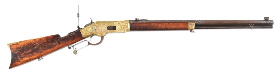 (A) EXHIBITION DEEP RELIEF ENGRAVED WINCHESTER MODEL 1866 RIFLE SIGNED IN 3 PLACES BY CONRAD F. ULRI