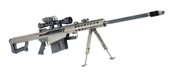 (M) BARRETT 82A1 SEMI AUTOMATIC RIFLE WITH LEUPOLD SCOPE MOUNTED WITH A BARRETT BORS SYSTEM.