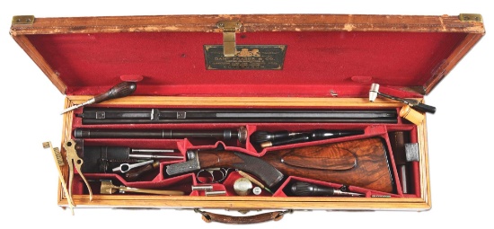 (A) EXEMPLARY DANIEL FRASER .360 EXPRESS DOUBLE RIFLE WITH CASE, NUMEROUS ACCESSORIES, AND COP